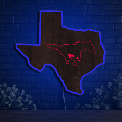 SMU Mustangs Inside State Wood LED Neon Sign